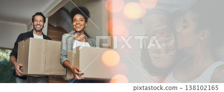 Walking, mockup or happy couple with boxes in new home for investment, property or real estate. Interracial, bokeh or excited man with a biracial woman in a house with loan success, goal or security 138102165