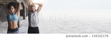 Body, stretching and fitness couple at a beach with mockup for training, wellness and cardio routine together. Arm, stretch and sport people at the ocean for running, exercise or resilience practice Body, stretching and fitness couple at a beach with mockup for training, wellness and cardio routine together. Arm, stretch and sport people at the ocean for running, exercise or resilience practice 138102179