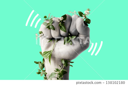 Fist, climate change and protest for support with leaves, ecology art or sustainability by green background. Hand, plants and power with opinion for accountability, carbon footprint or global warming Fist, climate change and protest for support with leaves, ecology art or sustainability by green background. Hand, plants and power with opinion for accountability, carbon footprint or global warming 138102180