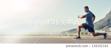 Fitness, stretching and man in road with watch for heartbeat, progress or tracking steps. Pulse, monitoring and guy runner in street with body stretch for running, training or morning cardio workout Fitness, stretching and man in road with watch for heartbeat, progress or tracking steps. Pulse, monitoring and guy runner in street with body stretch for running, training or morning cardio workout 138102181