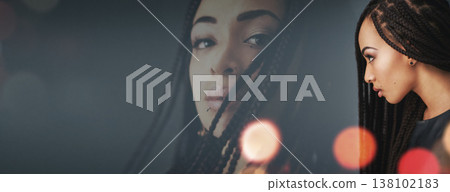 Hair, mockup space and African woman with beauty for texture, haircare and braids on banner. Salon, hairdresser overlay and person on studio background with natural hairstyle, cosmetics and growth 138102183
