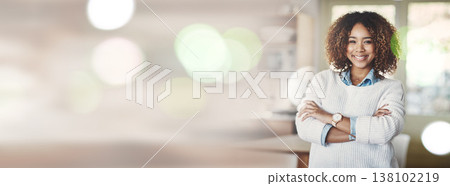 Portrait, banner and business woman with arms crossed, bokeh and mockup space. Face, confidence and happy real estate agent, worker and employee in new property, house or apartment in South Africa Portrait, banner and business woman with arms crossed, bokeh and mockup space. Face, confidence and happy real estate agent, worker and employee in new property, house or apartment in South Africa 138102219