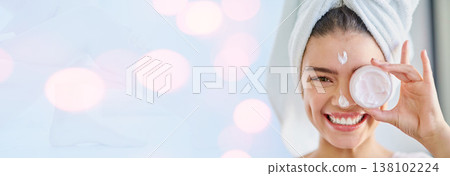 Happy woman, portrait and face cream on banner for skincare or beauty on bokeh background. Female person or model smile with lotion, creme or moisturizer in for spa, product or cosmetics on mockup Happy woman, portrait and face cream on banner for skincare or beauty on bokeh background. Female person or model smile with lotion, creme or moisturizer in for spa, product or cosmetics on mockup 138102224