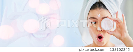 Woman, cover eye and beauty cream, skincare and wow for results or facial product on white background in double exposure. Model thinking of collagen, skin care and dermatology banner or bokeh overlay Woman, cover eye and beauty cream, skincare and wow for results or facial product on white background in double exposure. Model thinking of collagen, skin care and dermatology banner or bokeh overlay 138102245