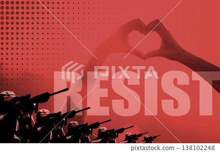Poster for love in war, heart hands in protest to resist military propaganda and graphic on red background. Peace, solidarity and hand sign for hope in revolution to stop violence, crisis or conflict 138102248