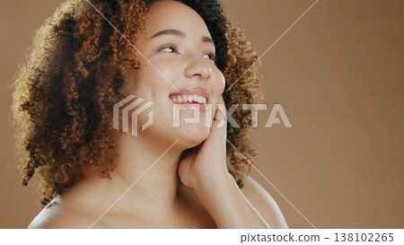 Happy woman, face and skincare in beauty, cosmetics or makeup against a studio background. Female person or model smile for dermatology, soft skin or facial spa treatment and grooming on mockup space Happy woman, face and skincare in beauty, cosmetics or makeup against a studio background. Female person or model smile for dermatology, soft skin or facial spa treatment and grooming on mockup space 138102265