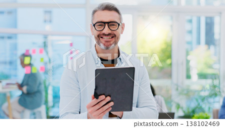 Tablet, business man and face with startup web design and internet search for digital planning. Male person, online page designer and smile with success and leadership management with technology 138102469