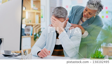 Stress, businessman and woman console in office with support for depression, mental health and anxiety for work deadline. Debt, brain fog and manager with empathy for frustrated man with problem or c Stress, businessman and woman console in office with support for depression, mental health and anxiety for work deadline. Debt, brain fog and manager with empathy for frustrated man with problem or c 138102495
