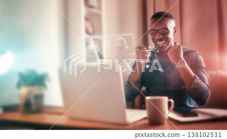 Winning, businessman and celebration on laptop with hologram online, coding or remote work achievement in programming. Wow, surprise or happy employee excited for virtual success with internet Winning, businessman and celebration on laptop with hologram online, coding or remote work achievement in programming. Wow, surprise or happy employee excited for virtual success with internet 138102531