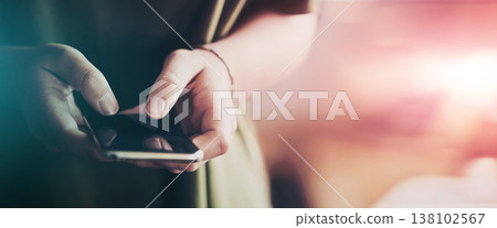 Mockup, hands typing on mobile app and phone for social media, email or internet connection. Technology, communication or networking for woman with smartphone, scroll and online banner space for info 138102567