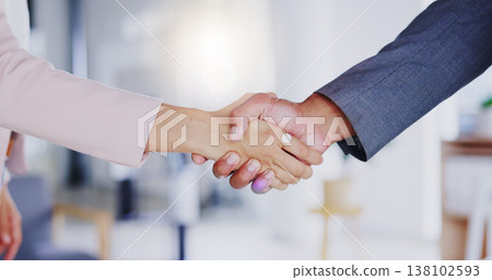 Partnership, collaboration and handshake in office for business deal, agreement or introduction. Man, woman and shaking hands for congratulations, opportunity or b2b, hiring and welcome to company. Partnership, collaboration and handshake in office for business deal, agreement or introduction. Man, woman and shaking hands for congratulations, opportunity or b2b, hiring and welcome to company. 138102593