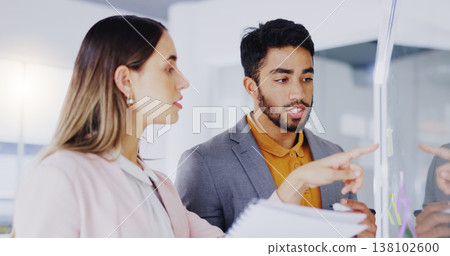 Business people, teamwork and brainstorming at window for agenda, feedback notes or target process in office. Man, woman and employees planning project ideas, timeline strategy or schedule of mindmap 138102600
