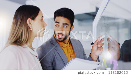 Business people, teamwork and brainstorming at window for agenda, feedback notes or target process in office. Man, woman and employees planning project ideas, timeline strategy or schedule of mindmap 138102613