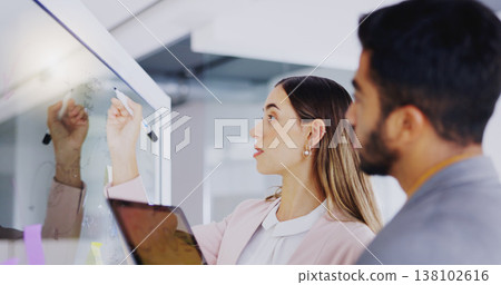 Business people, teamwork and planning notes on glass in strategy meeting, feedback or collaboration. Man, woman and brainstorming project ideas, timeline process or calendar schedule of target goals 138102616