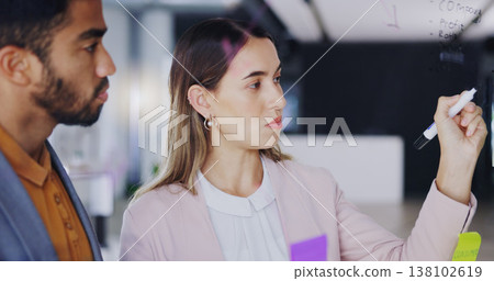 Business woman, man and glass for writing, sticky note and notes with talking, teamwork or planning strategy. Businessman, female partner and moodboard for goals, ideas and brainstorming at startup 138102619