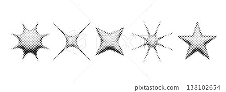 Halftone grunge stars set. 3d dotted grain star shape collection. Pixel comic burst and sparkle for poster, banner, flyer, collage, sticker. 8 bit bitmap element bundle. Vector graphic design pack 138102654
