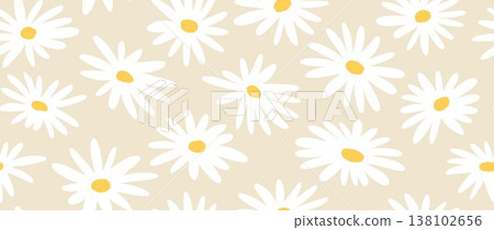 White and beige flower seamless pattern background. Cute hand drawn floral repeated wallpaper. Romantic chamomile blossom motif for textile print, fabric swatch, dress ornament, wrapping paper. Vector White and beige flower seamless pattern background. Cute hand drawn floral repeated wallpaper. Romantic chamomile blossom motif for textile print, fabric swatch, dress ornament, wrapping paper. Vector 138102656