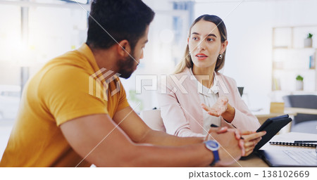 Business people, company talk and tablet with online management team talking about web strategy. Digital analysis and woman with tech communication and cooperation planning research with application 138102669