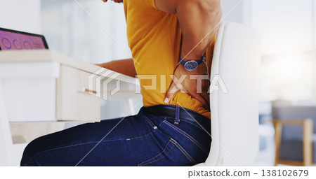 Hands, back pain and business man with injury in office workplace while working on laptop. Spine problem, arthritis and professional person with fibromyalgia, scoliosis or burnout, tired or backache. Hands, back pain and business man with injury in office workplace while working on laptop. Spine problem, arthritis and professional person with fibromyalgia, scoliosis or burnout, tired or backache. 138102679