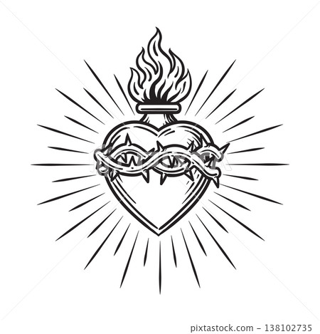 flaming sacred heart with a burst 138102735