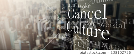 Cancel culture, words in city and social media opinion, silence freedom of speech and message. Text, censorship and mockup with overlay, call out or banner internet for online bullying in society Cancel culture, words in city and social media opinion, silence freedom of speech and message. Text, censorship and mockup with overlay, call out or banner internet for online bullying in society 138102736