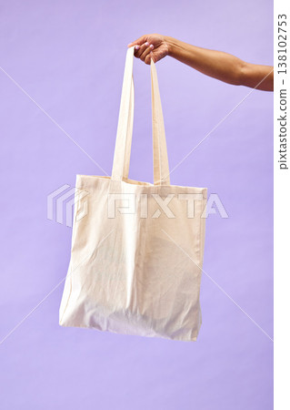 Sustainability, shopping and eco friendly bag by person or recycling customer isolated in a studio purple background. Environment, retail and woman with carbon footprint, zero waste and grocery 138102753