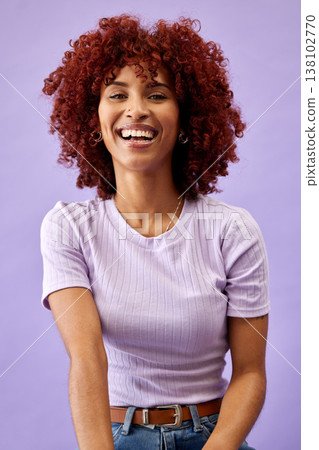 Beauty, happy and portrait of woman in studio with smile for wellness, skincare and confidence. Fashion, makeup and person on purple background in trendy clothes, cool outfit and style in cosmetics 138102770