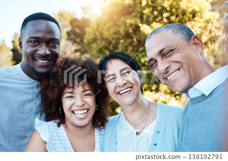 Selfie, portrait and people with senior parents in an outdoor park for adventure, holiday or weekend trip. Happy, smile and young man and woman taking picture with elderly mom and dad from Mexico. 138102791