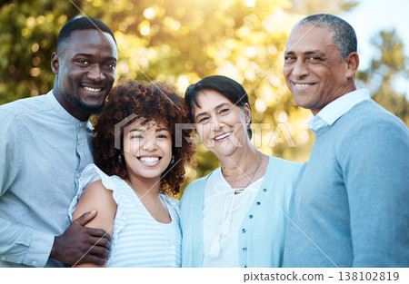 Nature, portrait and people with senior parents in an outdoor park for bonding together. Happy, smile and young man and woman with elderly mom and dad in retirement in green garden for fresh air. 138102819