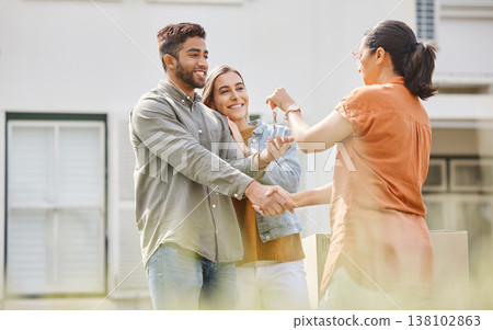 House key, realtor woman and handshake with couple outdoor as congratulations, thank you or sale. Excited man, partner and shake hands with real estate agent for new home, mortgage or future property House key, realtor woman and handshake with couple outdoor as congratulations, thank you or sale. Excited man, partner and shake hands with real estate agent for new home, mortgage or future property 138102863