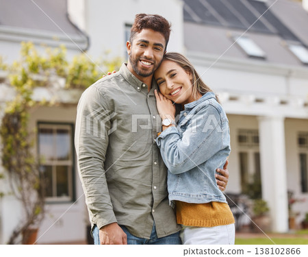 Portrait, happy couple and hug at backyard of home, bonding and together in garden. Love, smile of man and woman embrace in healthy relationship, support and connection for care by house outdoor. Portrait, happy couple and hug at backyard of home, bonding and together in garden. Love, smile of man and woman embrace in healthy relationship, support and connection for care by house outdoor. 138102866