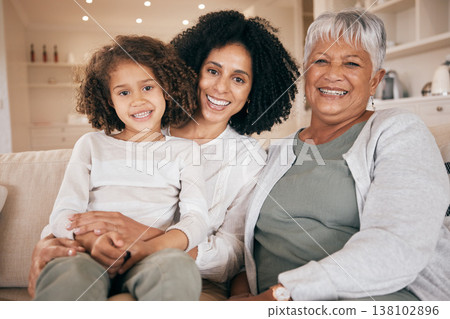 Portrait, mother or kid with grandma on sofa for bonding, healthy relationship or relax in family home. Smile, wellness or happy grandmother with mom or child in lounge with trust, support or love Portrait, mother or kid with grandma on sofa for bonding, healthy relationship or relax in family home. Smile, wellness or happy grandmother with mom or child in lounge with trust, support or love 138102896