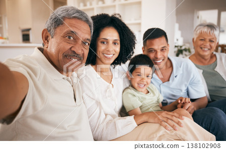 Family, selfie and grandparents with a smile at home together with young child and mom. Bonding, sofa and happy father with young boy and senior people with photo for social media with kid on couch Family, selfie and grandparents with a smile at home together with young child and mom. Bonding, sofa and happy father with young boy and senior people with photo for social media with kid on couch 138102908