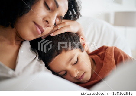 Family, sleep and mother with boy, relax and child with comfort, happiness and weekend break. Home, mama and kid resting, morning and single parent with love, care and trust with bond and dreaming Family, sleep and mother with boy, relax and child with comfort, happiness and weekend break. Home, mama and kid resting, morning and single parent with love, care and trust with bond and dreaming 138102913