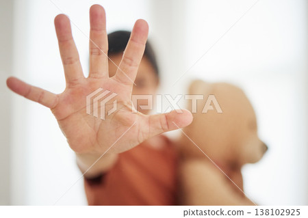 Hand, child and palm with stop for violence, abuse and warning sign in support for harassment and protection. Person, kid and no gesture for protest, fight or defence expression with empowerment Hand, child and palm with stop for violence, abuse and warning sign in support for harassment and protection. Person, kid and no gesture for protest, fight or defence expression with empowerment 138102925