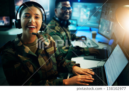 Military control room, laptop and portrait of woman in headset, smile and tech communication. Security, global surveillance and happy soldier at computer in army office at government command center. Military control room, laptop and portrait of woman in headset, smile and tech communication. Security, global surveillance and happy soldier at computer in army office at government command center. 138102977