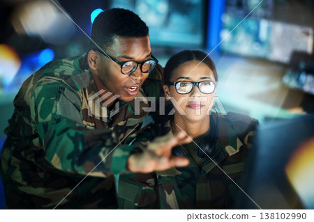 Night surveillance, army and people with a computer for communication, planning strategy or teamwork. Cyber security, data center and a black man talking to a woman about monitor in a military room 138102990