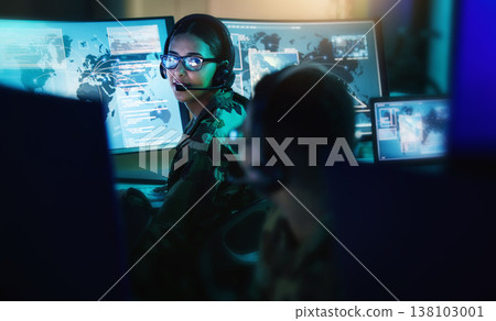 Military control room, headset and woman with man, computer and tech for communication. Security, global surveillance and soldier with teamwork in army office at government cyber data command center. Military control room, headset and woman with man, computer and tech for communication. Security, global surveillance and soldier with teamwork in army office at government cyber data command center. 138103001