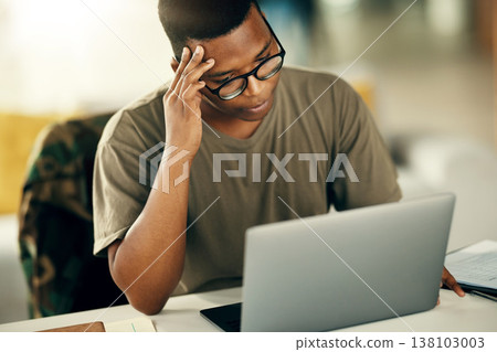 Black man, laptop and soldier with headache in stress, mental health or burnout from thinking at home. Frustrated male person with migraine on computer, war or anxiety with debt, online or documents 138103003