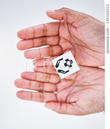 Healthcare, insurance and hands with sign for medical service, care and safety on white background. Top view, symbol and person with emoji, shape and icon for help, support and medicine for hospital 138103013