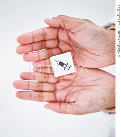 Healthcare, wooden block and hands with injection sign for medical service, care and safety on white background. Hospital, symbol and person from top view for insurance, support and medicine 138103015
