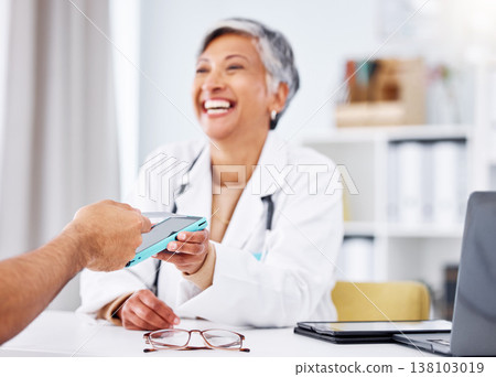 Optometrist, office and talking to patient with phone, ux and glasses for vision on tech, screen or lens for protection of eyes. Optometry, consultation and doctor with advice, information or app 138103019