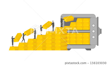 Financial achievement concept with business team stacking gold bars as staircase to reach safe vault for wealth storage and professional asset management planning Financial achievement concept with business team stacking gold bars as staircase to reach safe vault for wealth storage and professional asset management planning 138103030