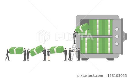 Financial teamwork concept with business team transferring cash banknotes into large safe vault using ladder for systematic wealth storage and corporate investment growth Financial teamwork concept with business team transferring cash banknotes into large safe vault using ladder for systematic wealth storage and corporate investment growth 138103033