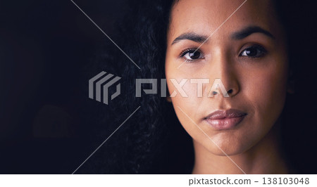 Studio, beauty and portrait of woman in with natural skincare, glow or treatment on black background. Cosmetics, wellness and face of lady model with dermatology, satisfaction or self care confidence 138103048