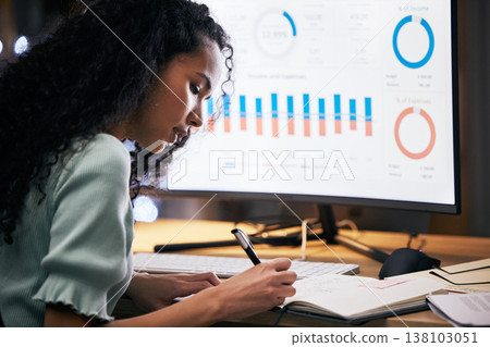 Business woman, night and computer screen, data analysis with analytics, notes and productivity at office. Analyst, graph and chart with info, market research and writing down statistics for deadline Business woman, night and computer screen, data analysis with analytics, notes and productivity at office. Analyst, graph and chart with info, market research and writing down statistics for deadline 138103051