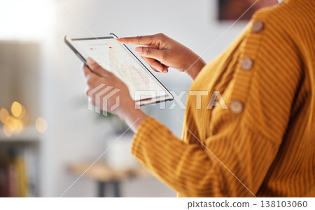 Woman, hands and tablet with data analysis, connection and information for digital marketing with bokeh. Technology, person and screen with internet for business, research and analytics or charts 138103060