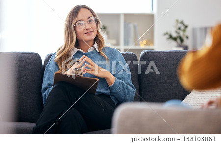 Counseling, therapy and woman therapist talking to client in a consultation or psychology conversation for mental health. Communication, support and professional Psychologist help person with advice 138103061