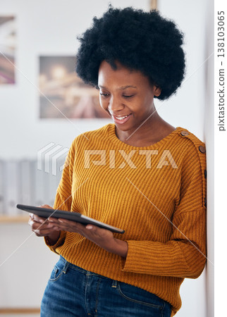 Business, research and black woman with tablet in office for social media, email or reading. Digital, app and happy African female designer online for schedule, management or design ideas for startup 138103065