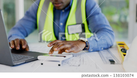 Hands, laptop and calculator for architecture, blueprint planning blueprint and numbers, math and design safety. Engineering designer, builder or person typing on computer for floor plan ratio check Hands, laptop and calculator for architecture, blueprint planning blueprint and numbers, math and design safety. Engineering designer, builder or person typing on computer for floor plan ratio check 138103074
